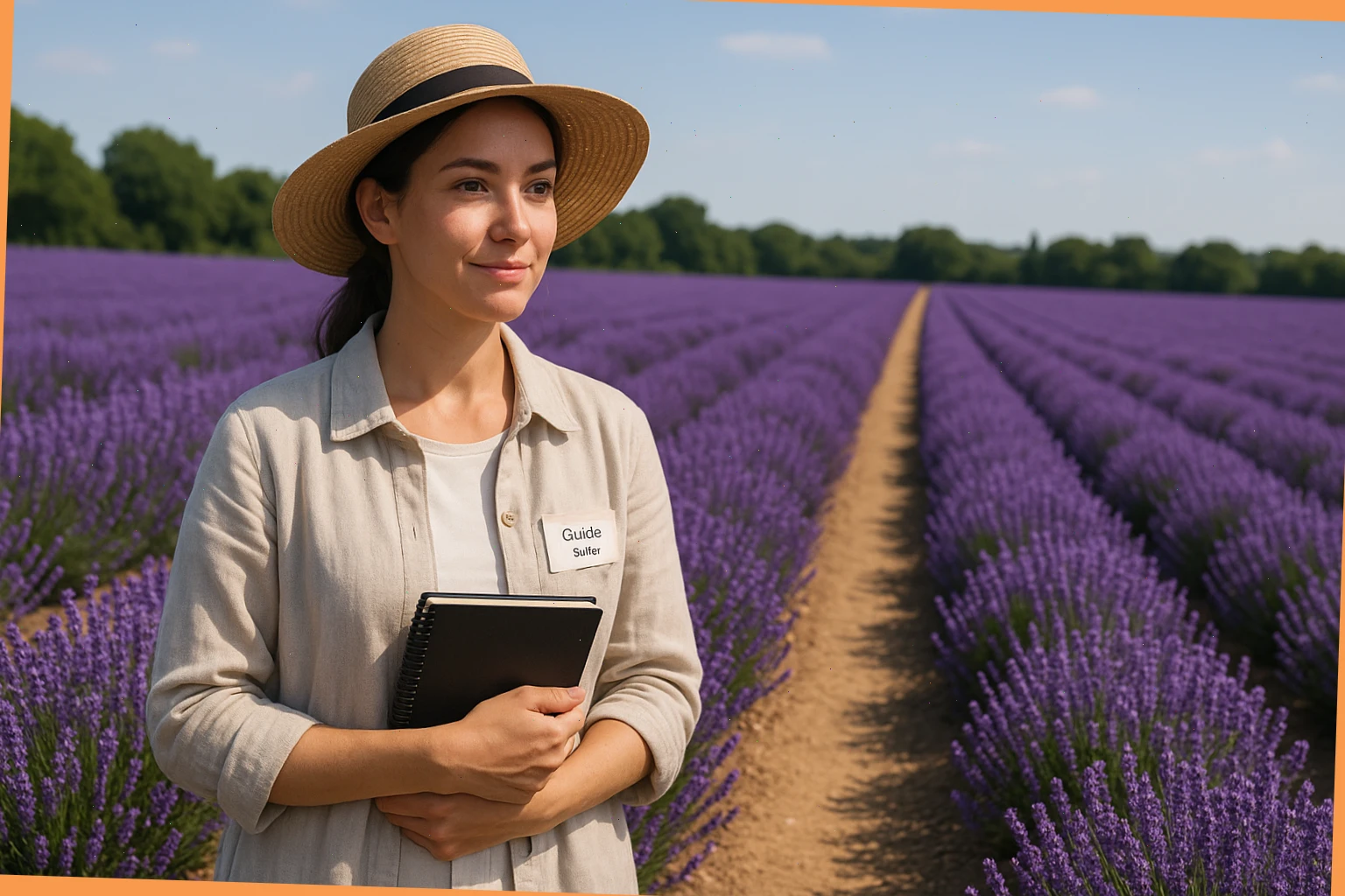 Guide Sofia standing by a lavender path with a notebook