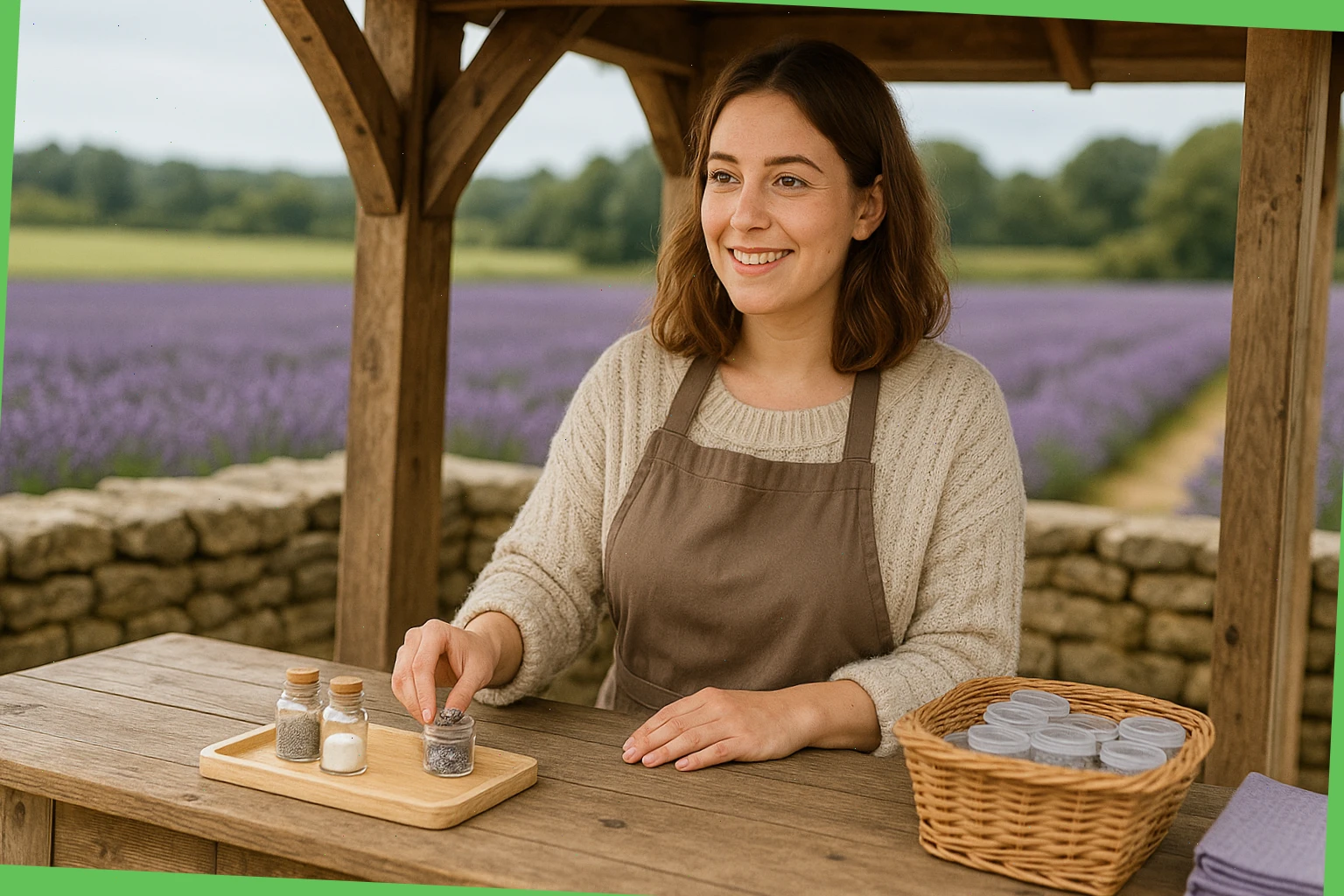 Host Emma at the farm stop counter with small samples