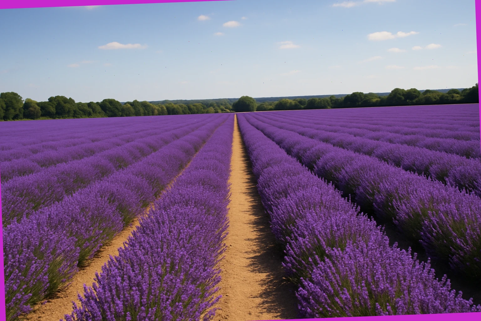 Wide view of English lavender fields with a path between rows