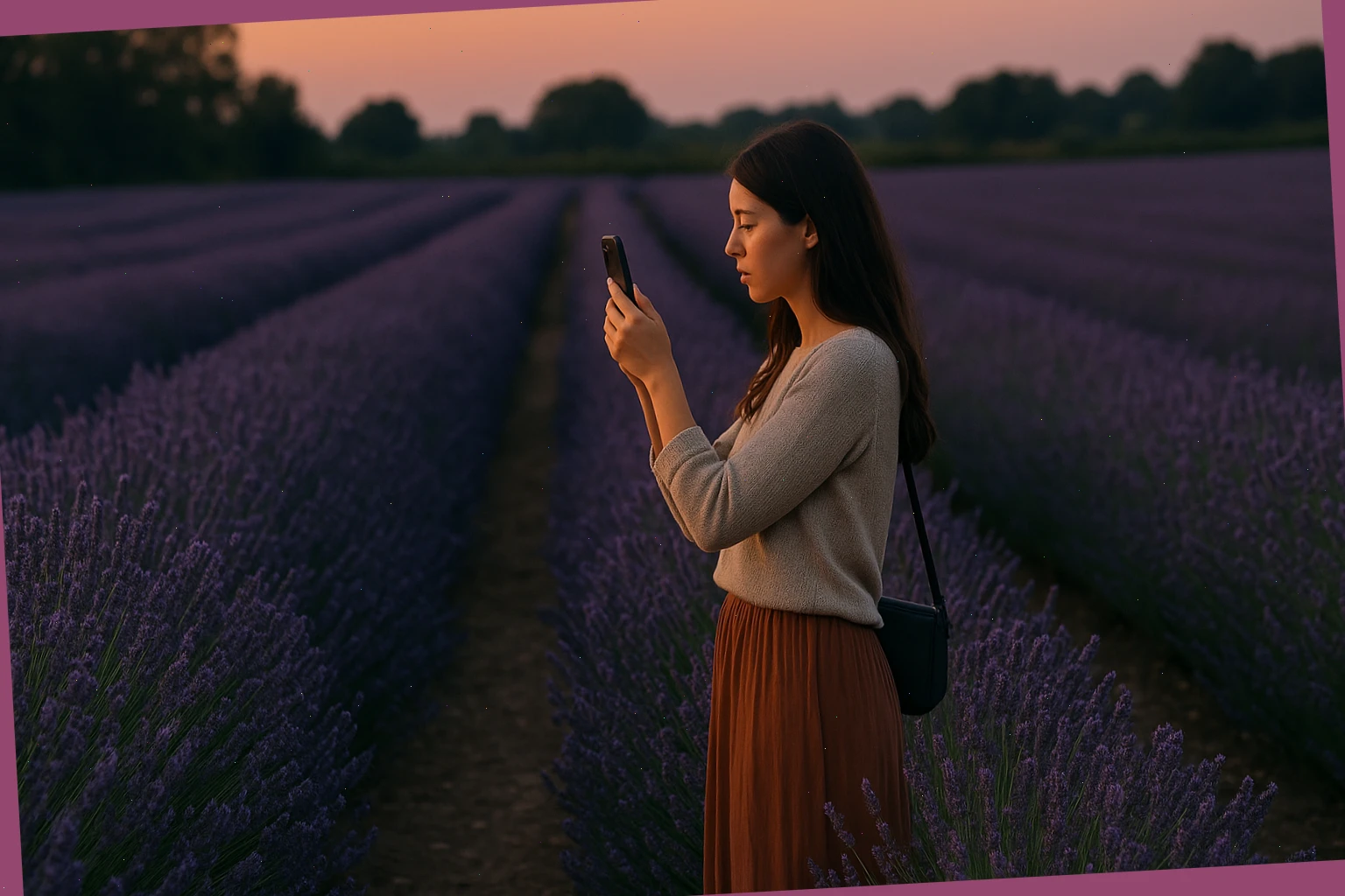 Visitor Ami taking a photo at dusk between lavender rows