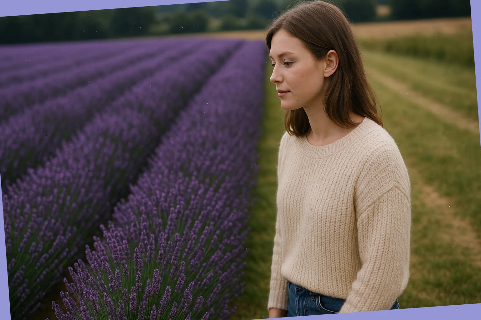 Visitor Ella standing by a lavender ridge