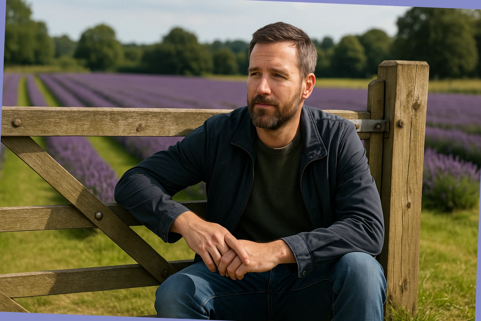 Visitor James resting by the lower gate with fields behind